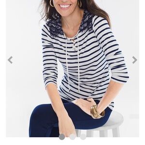 CHICO’S White Blue Striped Lace Trim Top Neck Tie Women’s Size L